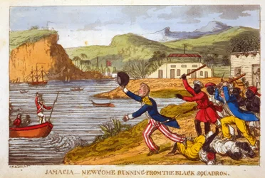«Newcome huyendo del Escuadrón Negro», lámina de The Adventures of Johnny Newcome in the Navy de John Mitford (1782-1831)
